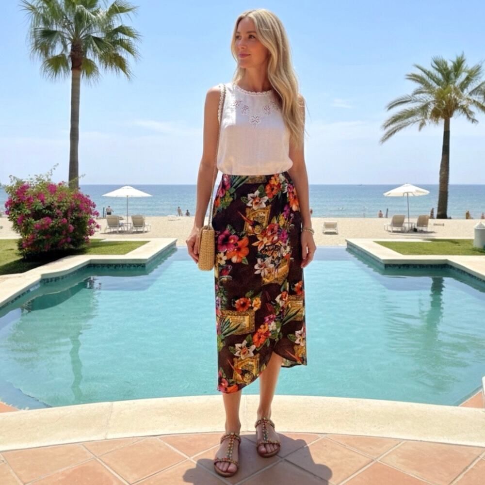 VTG 90s Carole Little Petite SZ 8 Faux Wrap Skirt Tropical Vacation Resortwear